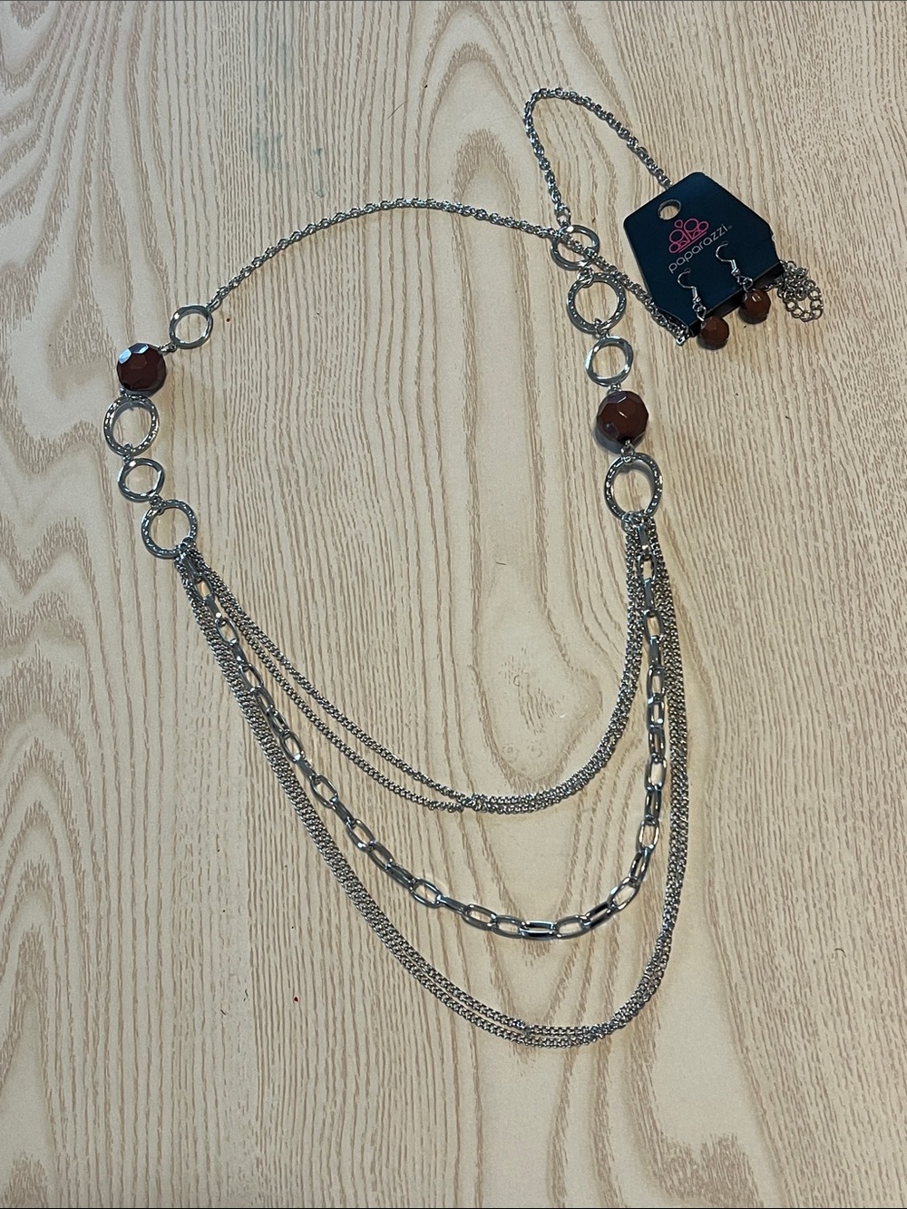 Paparazzi Silver Layered Necklace with Brown Faceted Beads